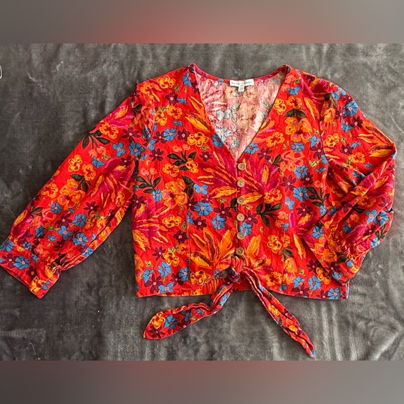 Anthropologie Maison d'Amelie Linen Blend Floral Tie-Front Blouse Size M Red EUC - Picture 2 of 10